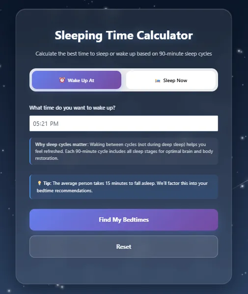 Sleeping time calculator screenshot