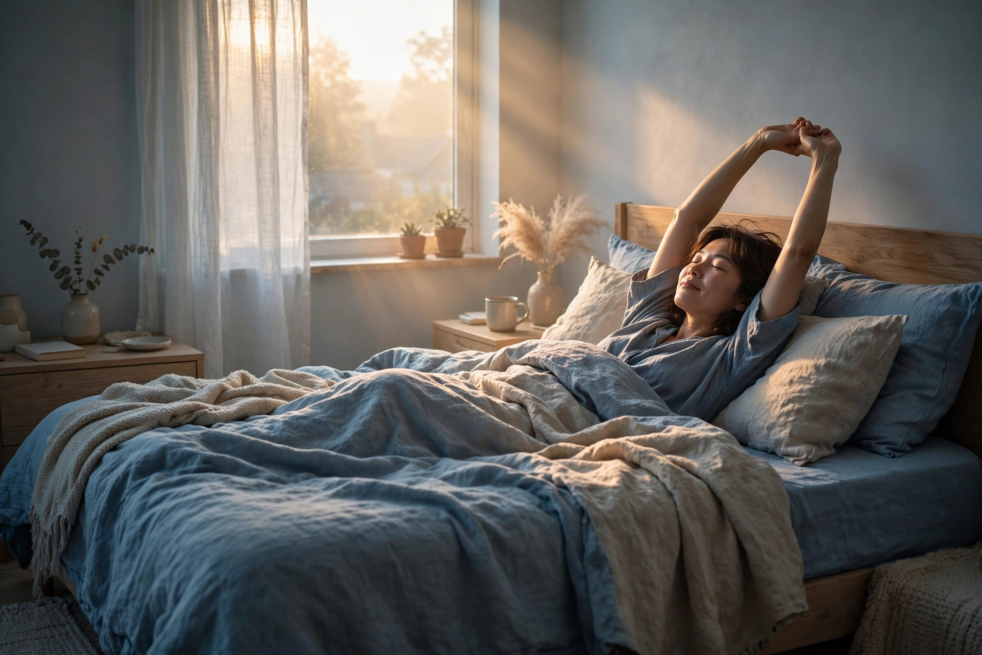 Bedroom at dawn illustrating how a sleep calculator uses 90-minute sleep cycles to find ideal bedtimes