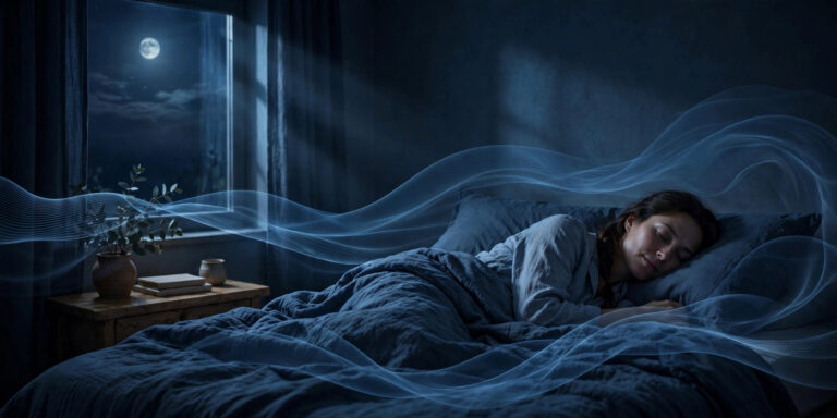 Sleep cycles explained — a sleeper moving through the four stages of a 90-minute sleep cycle, from light sleep to deep sleep to vivid REM dreaming