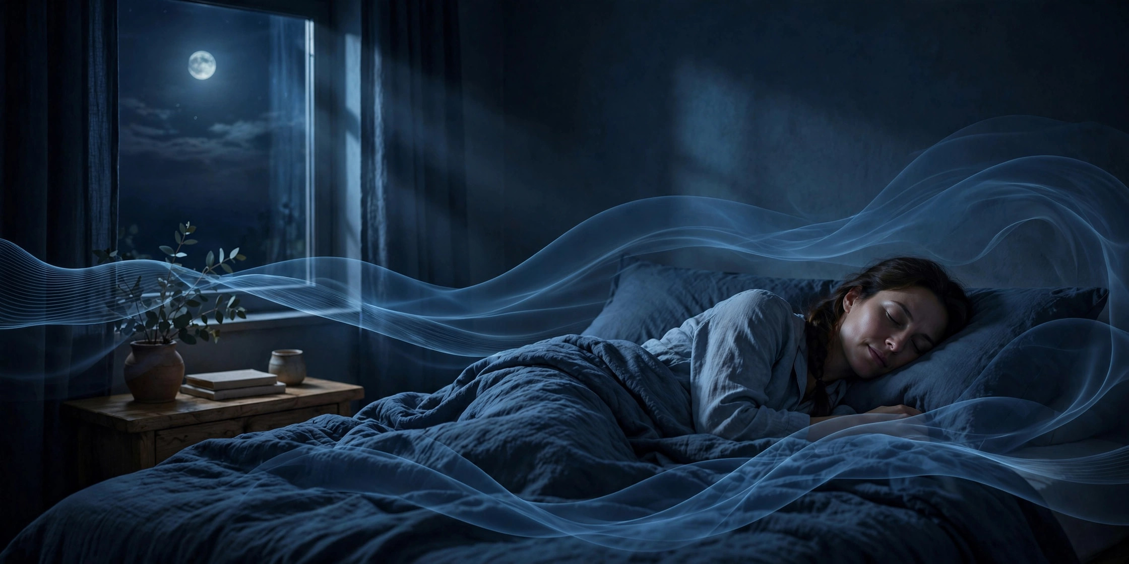 Sleep cycles explained — a sleeper moving through the four stages of a 90-minute sleep cycle, from light sleep to deep sleep to vivid REM dreaming