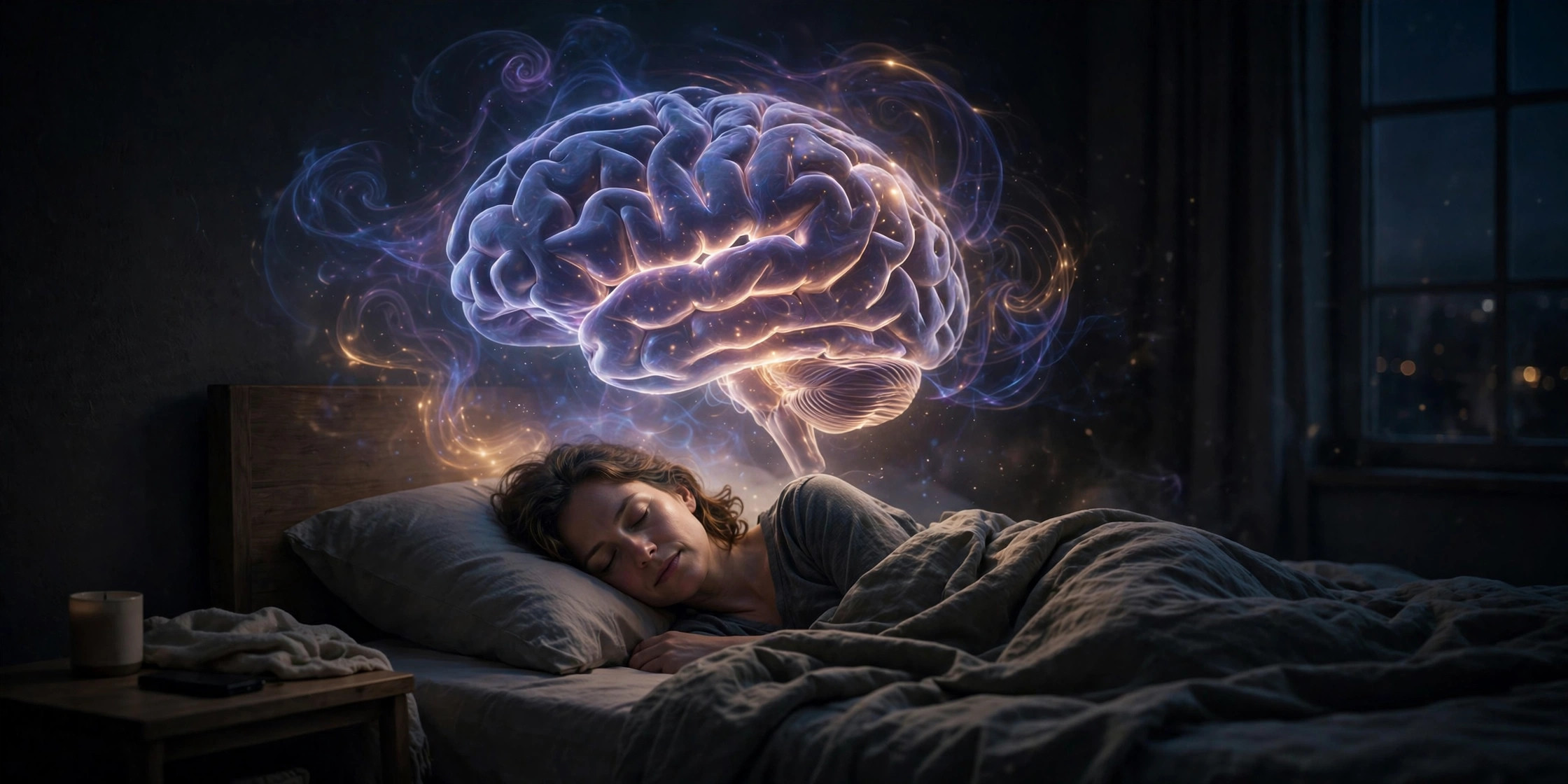 What is REM sleep — illustration of a sleeping person with glowing brain activity showing vivid dreaming during REM sleep