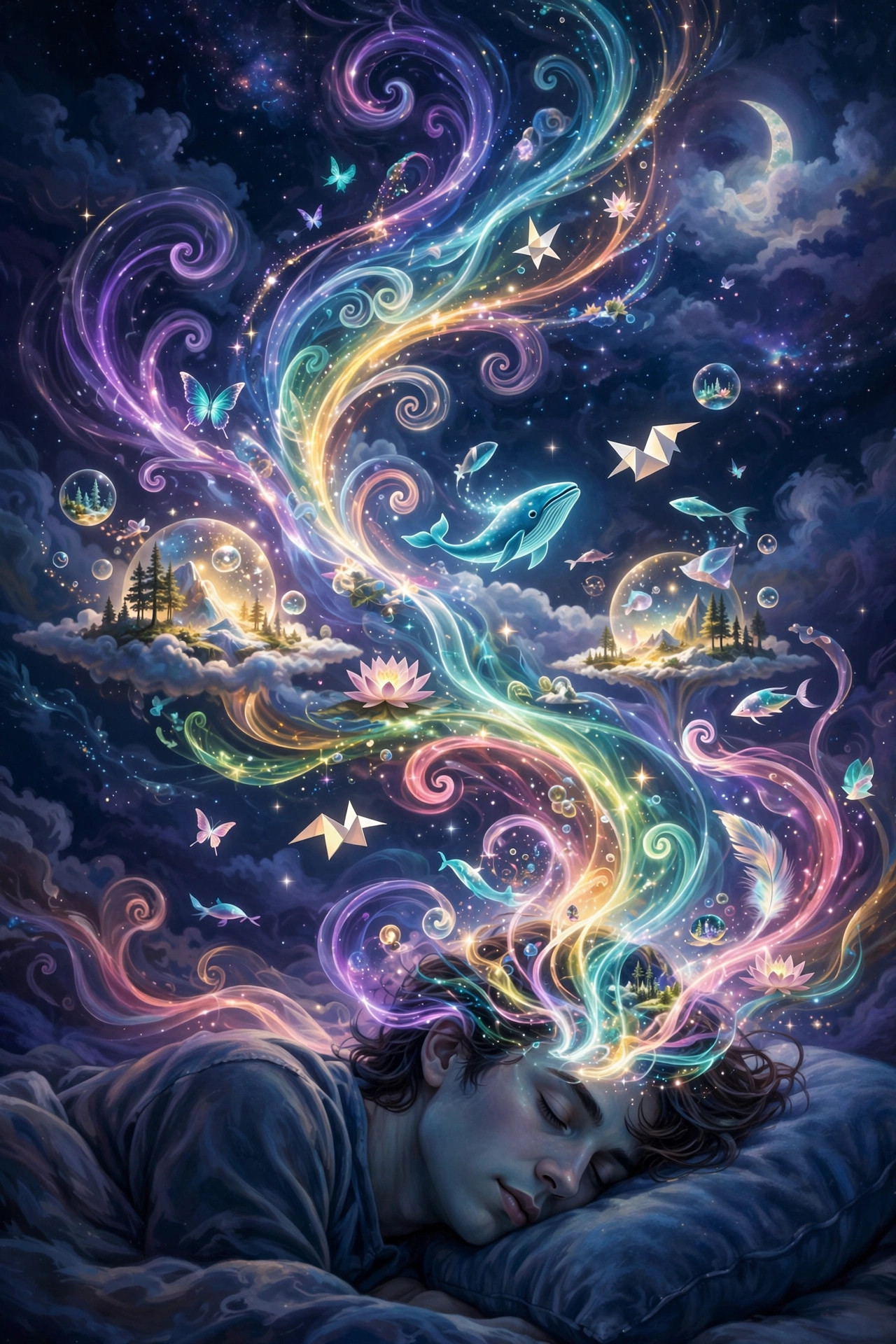 Surreal illustration of dreams flowing from a sleeping mind — why do we dream