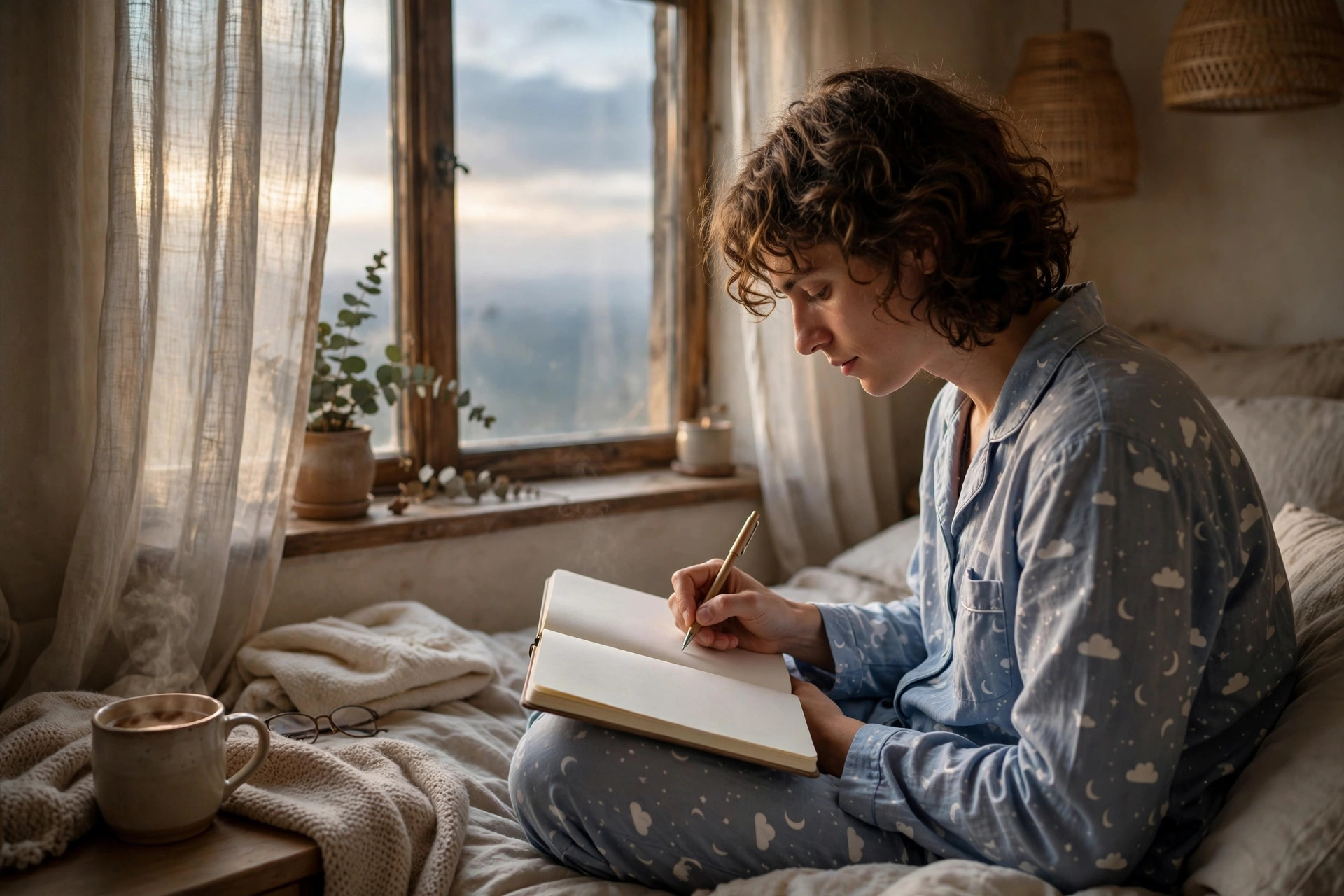Person recording dreams in a journal at dawn — why do we dream and how to remember
