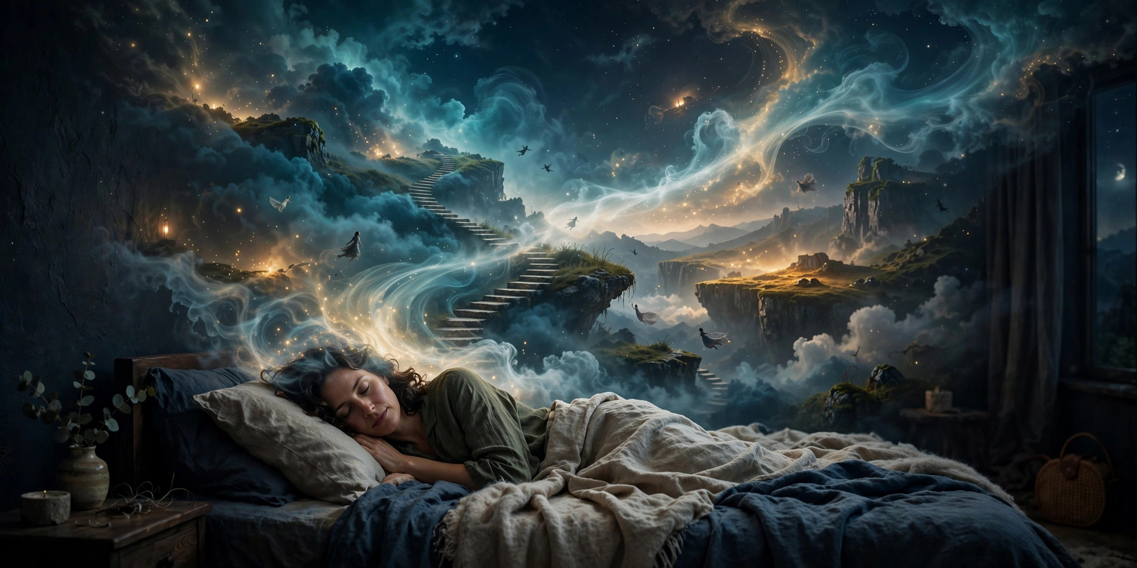 Why do we dream — surreal illustration of a sleeping person with dream imagery of flying and landscapes flowing from their mind