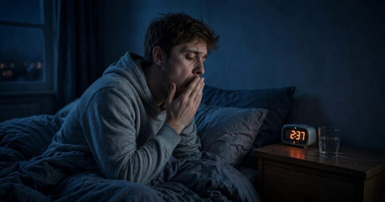 A yawning person sitting up in a dim bedroom at night — a visible sign of accumulated sleep debt