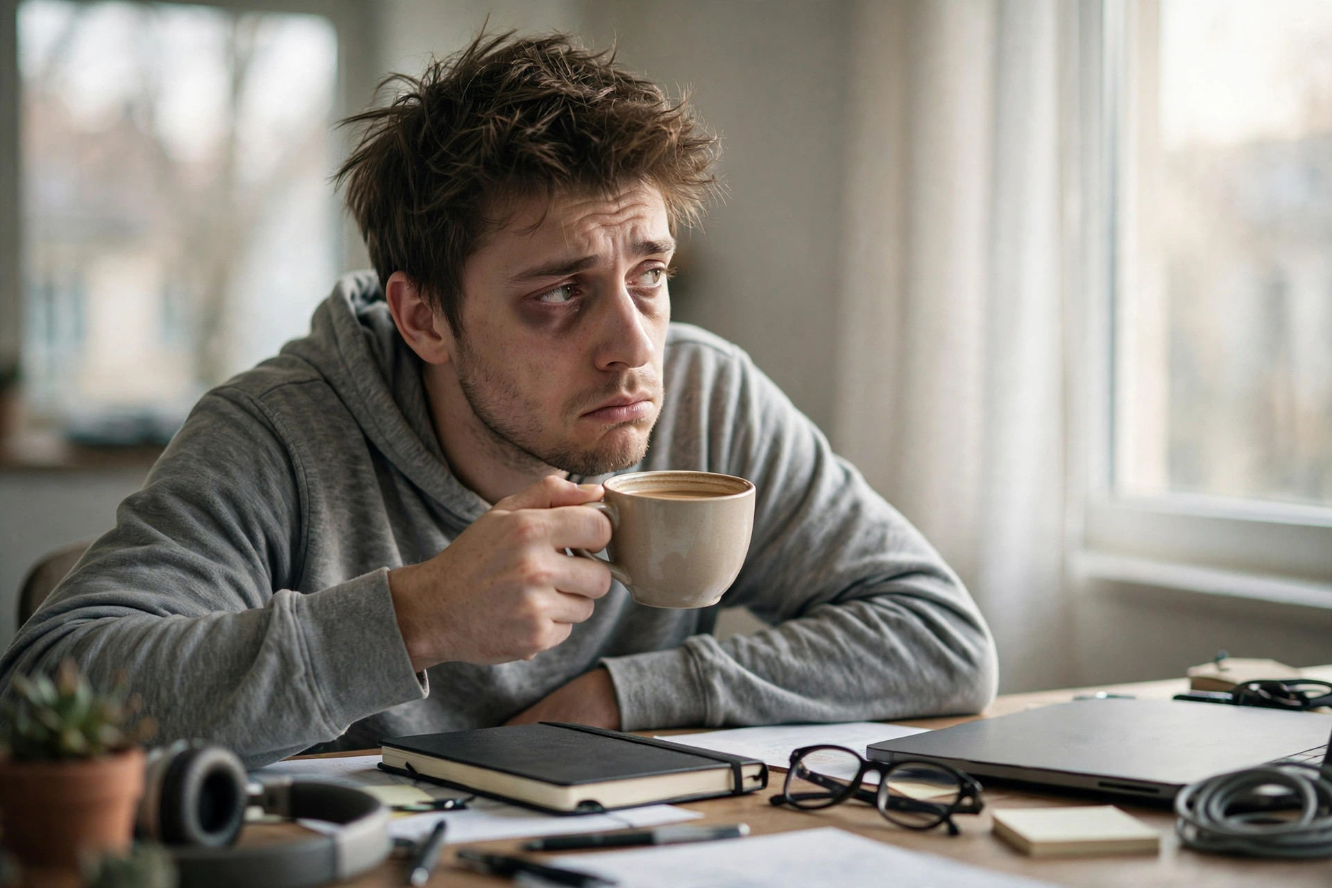 Exhausted person with coffee after short nights — what is sleep debt