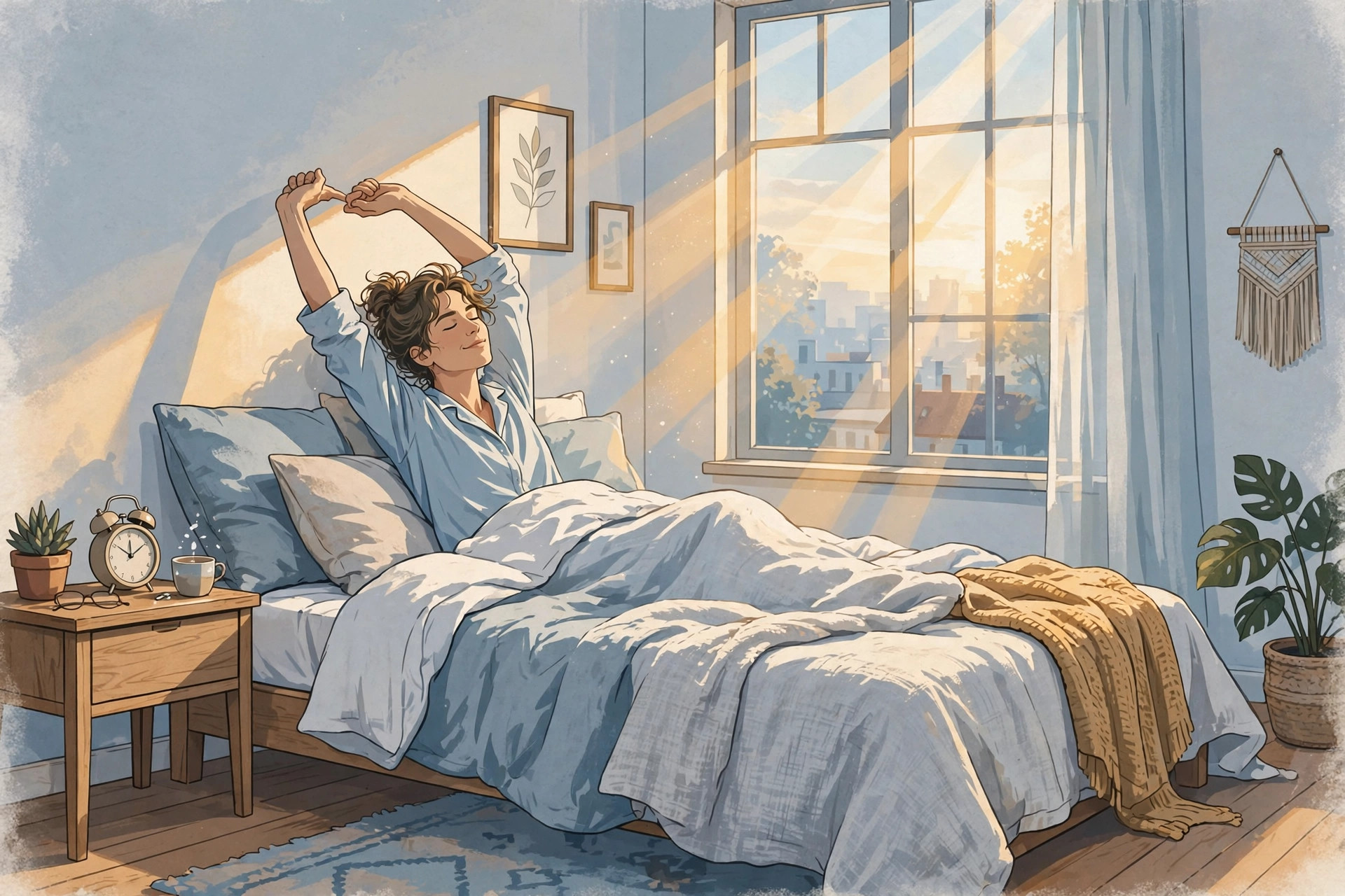 Woman waking up refreshed at dawn after completing full sleep cycles — timing sleep around how many sleep cycles per night you need