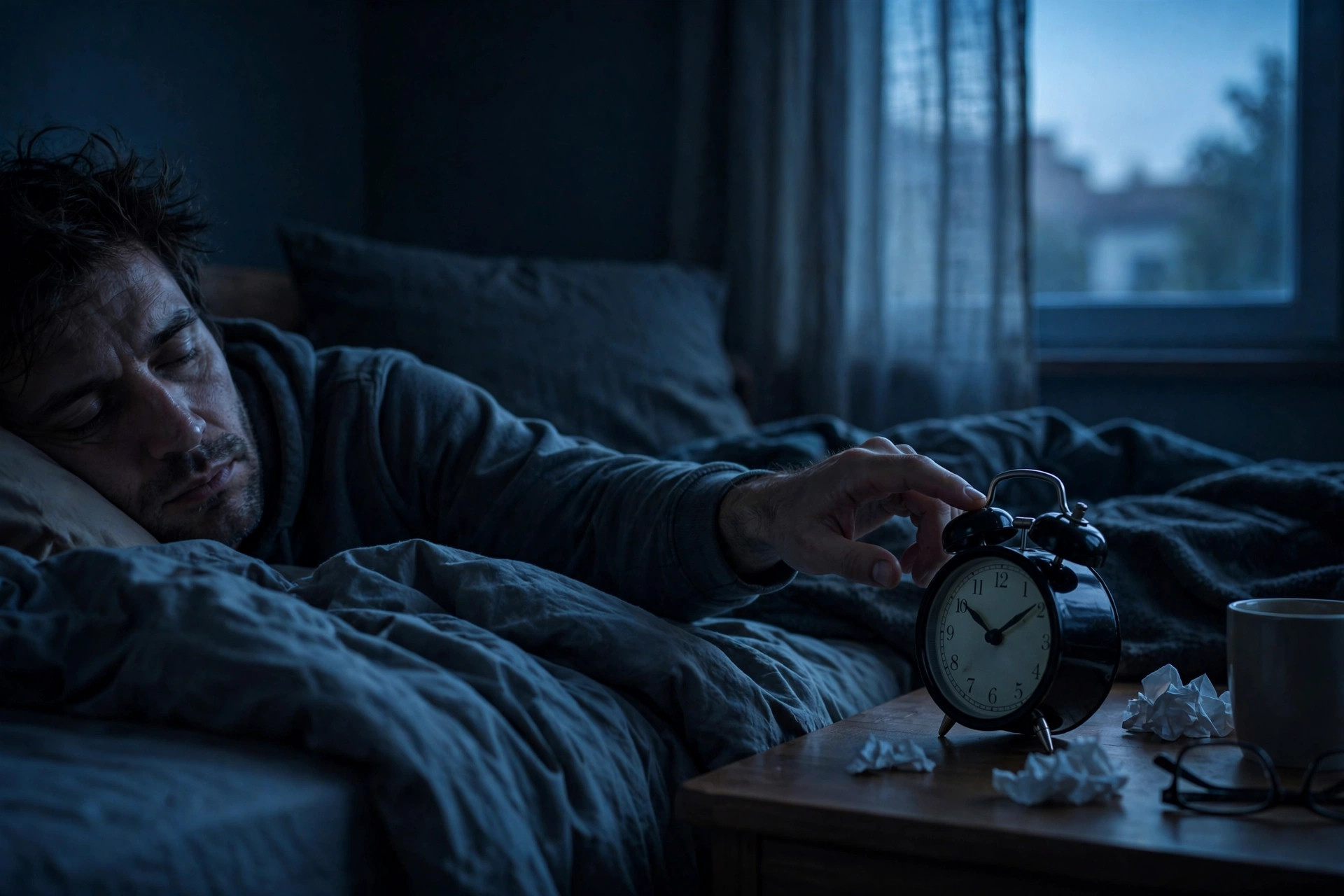 Groggy person hitting snooze at dawn — why do I wake up tired after 8 hours of sleep
