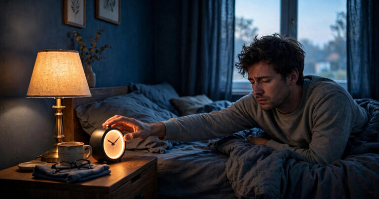 Person reaching to silence an alarm clock in a dark bedroom at dawn, groggy after waking up during deep sleep.