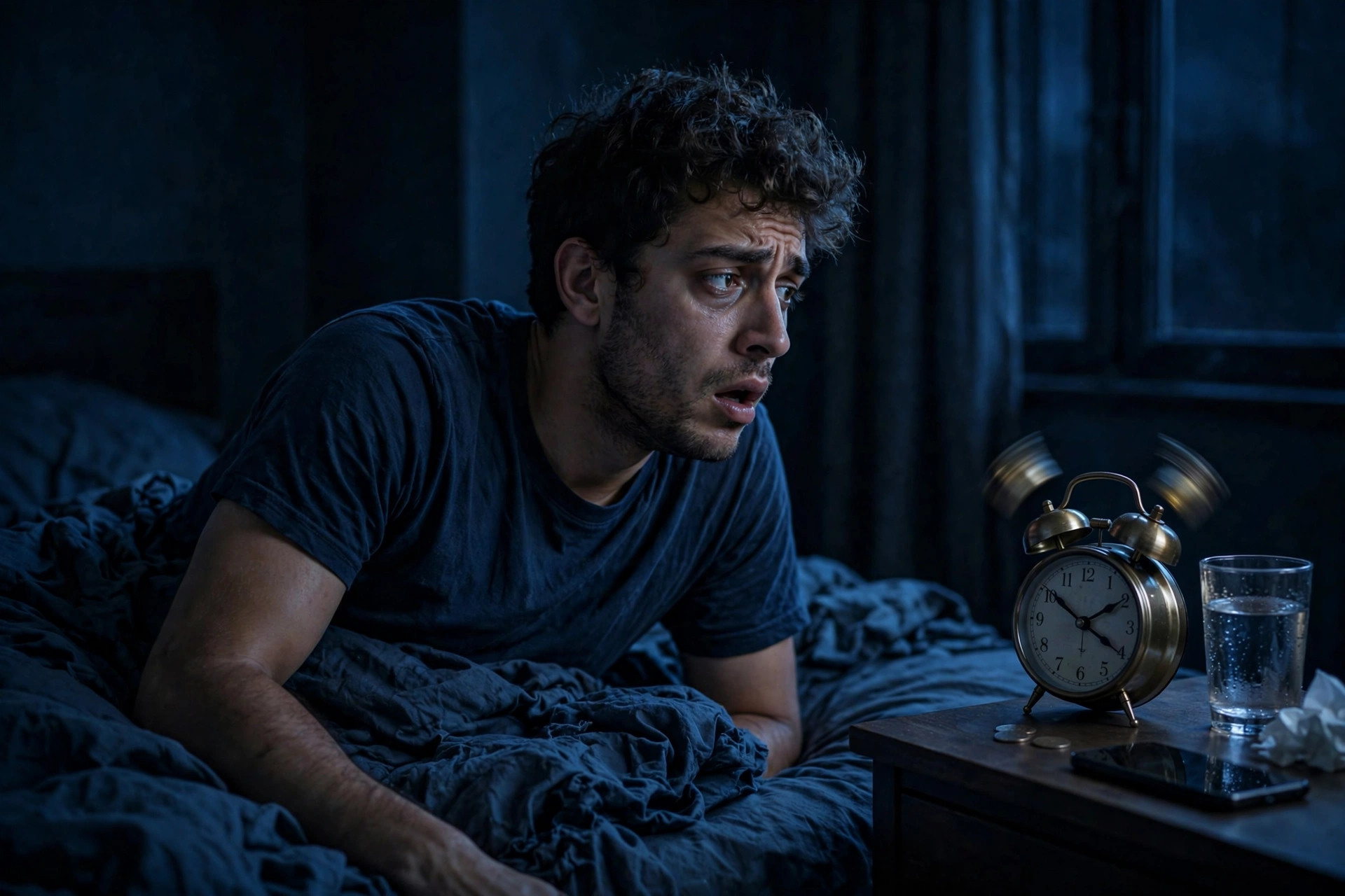 Person jolted awake by an alarm in a dark bedroom — waking up during deep sleep