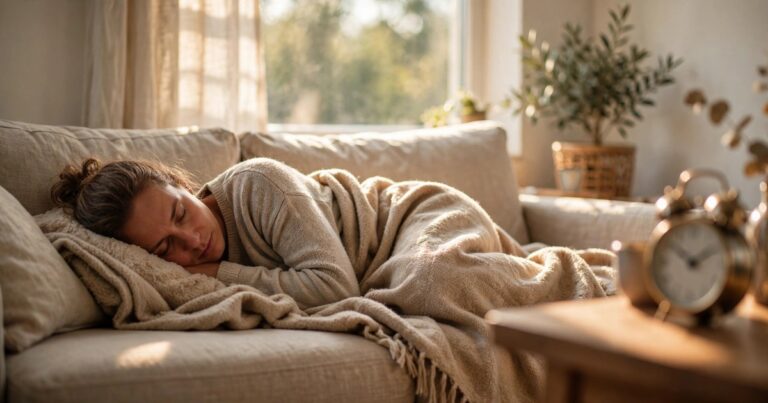 Woman taking a 20-minute afternoon power nap on a couch — the ideal nap length for alertness.