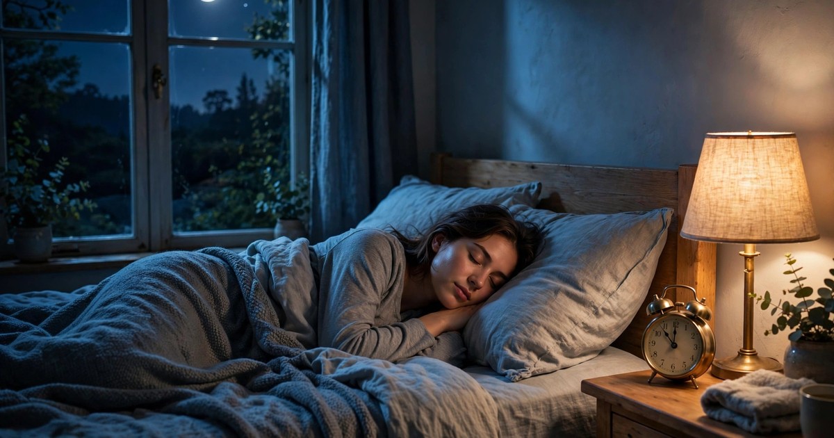 A person sleeping in a calm, dark bedroom with a softly glowing alarm clock on the nightstand — the right bedtime a bedtime calculator recommends for waking up refreshed.