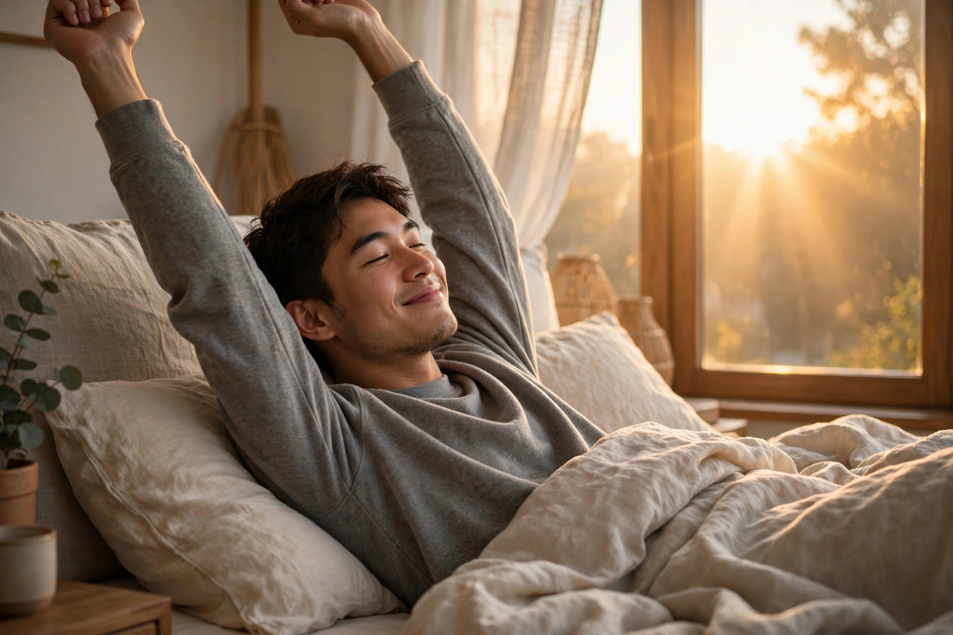 Person waking refreshed at sunrise at the end of a sleep cycle — the 90 minute sleep cycle rule