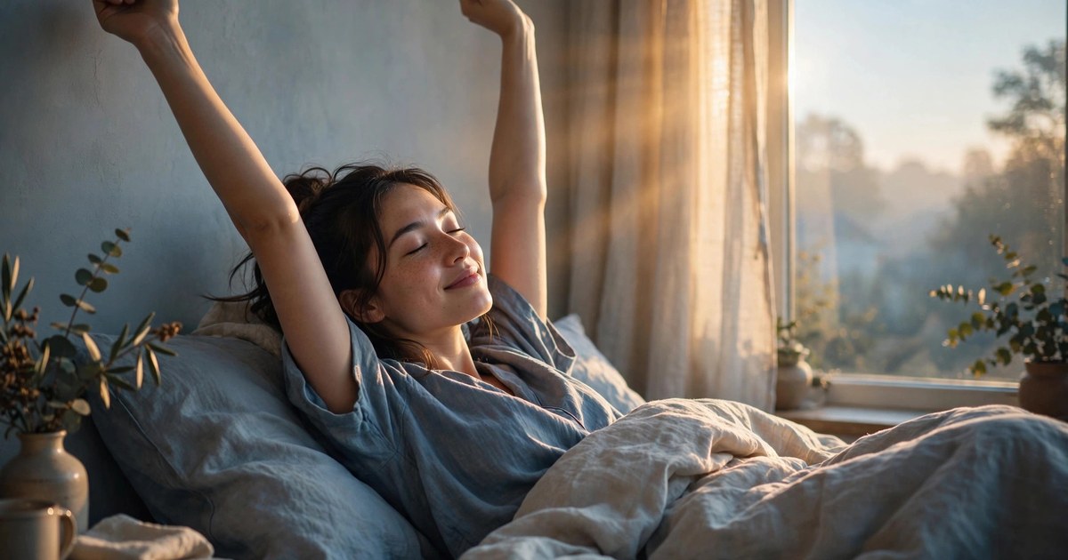 Woman waking up refreshed in a sunlit bedroom at dawn, stretching — the refreshed morning the 90 minute sleep cycle rule aims to deliver.