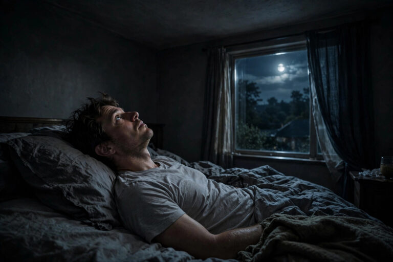 A person waking up at 3am every night, lying awake in a dark bedroom