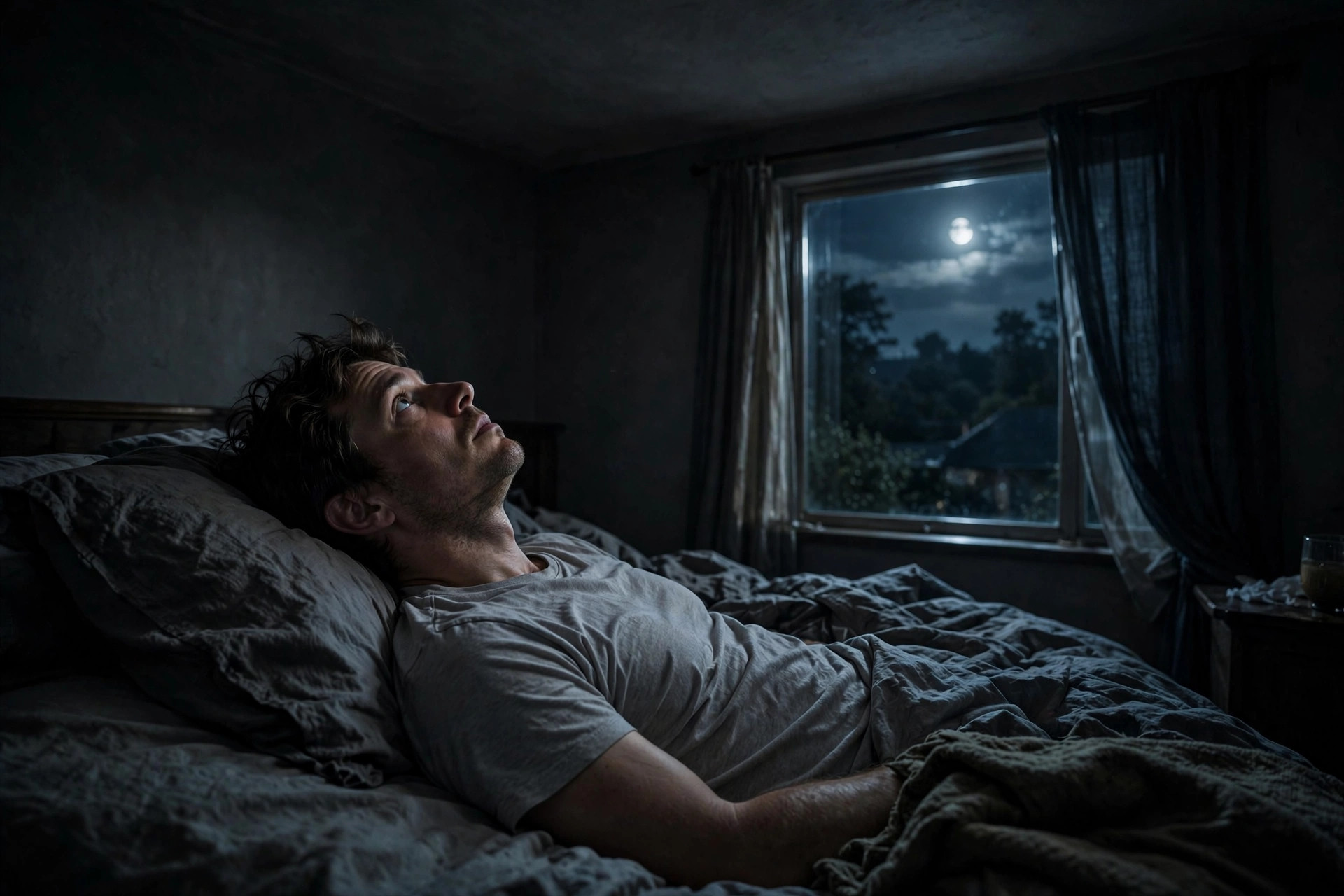 A person waking up at 3am every night, lying awake in a dark bedroom