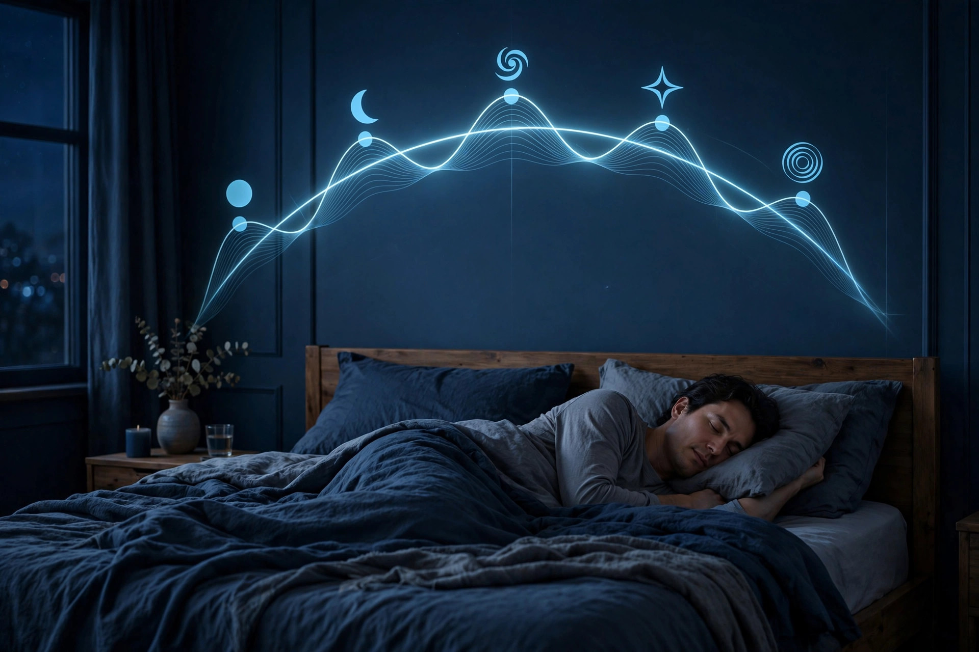 Glowing wave visualization above a sleeping person showing how 90-minute sleep cycles repeat through the night, revealing why 7 hours of sleep can end mid-cycle