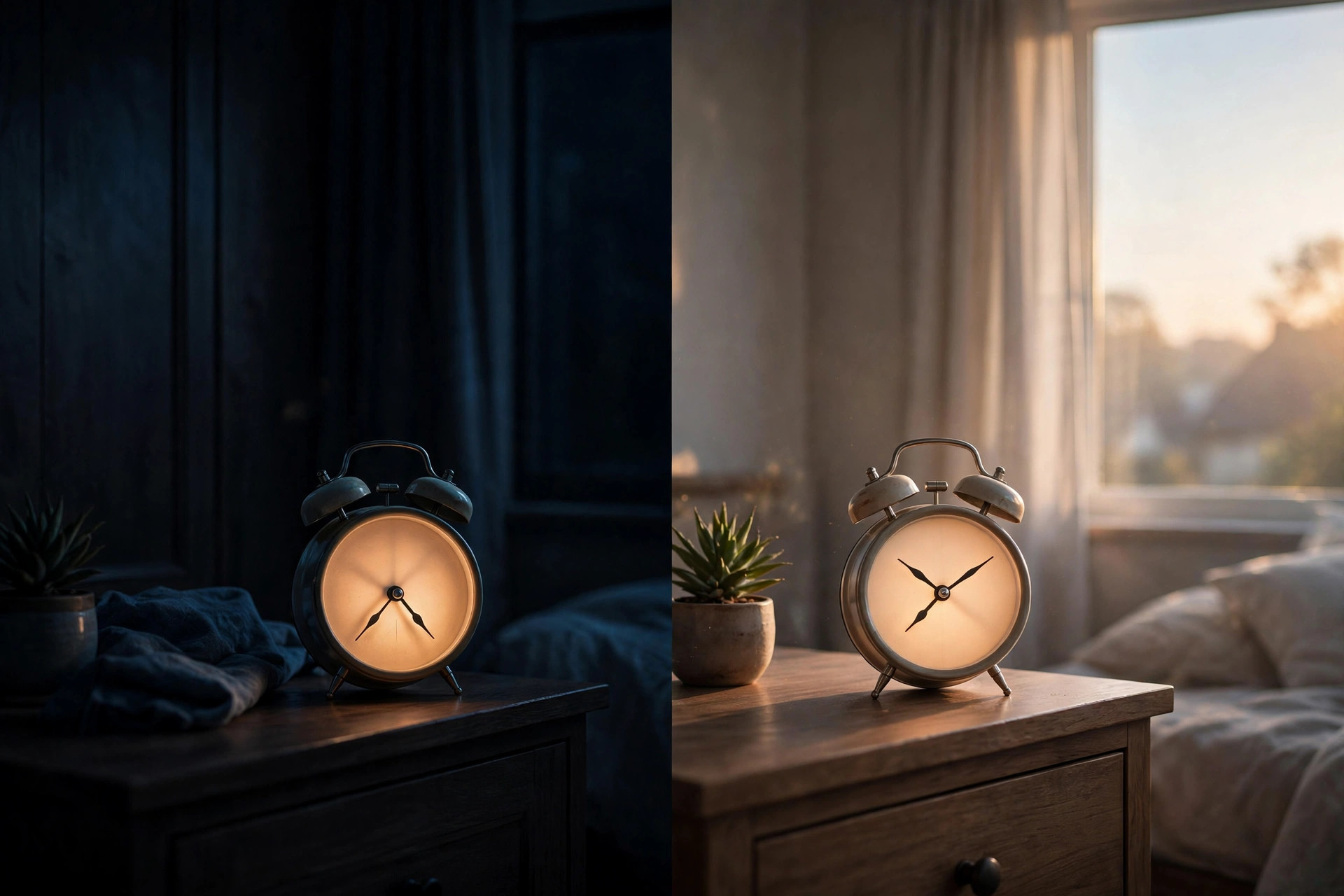 Split image of two alarm clocks at night and morning, comparing how 7 hours of sleep versus 7.5 hours changes your wake time