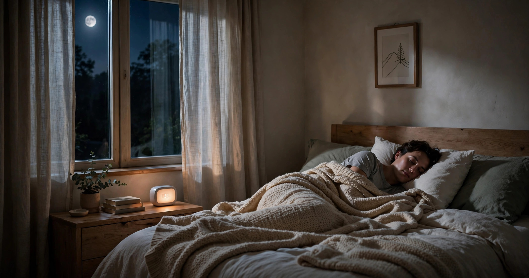 A person sleeping peacefully in a calm moonlit bedroom, illustrating our guide on whether 7 hours of sleep is enough for most adults