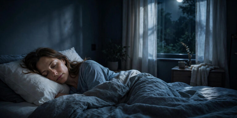 A woman sleeping deeply and peacefully in a dark bedroom, illustrating why sleep quality matters as much as sleep quantity