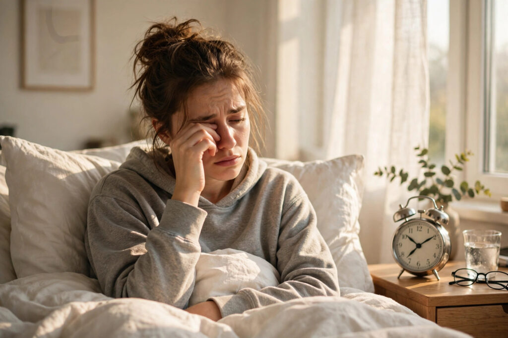 Groggy person waking up in bright morning light after sleeping too much, showing sleep inertia from oversleeping.