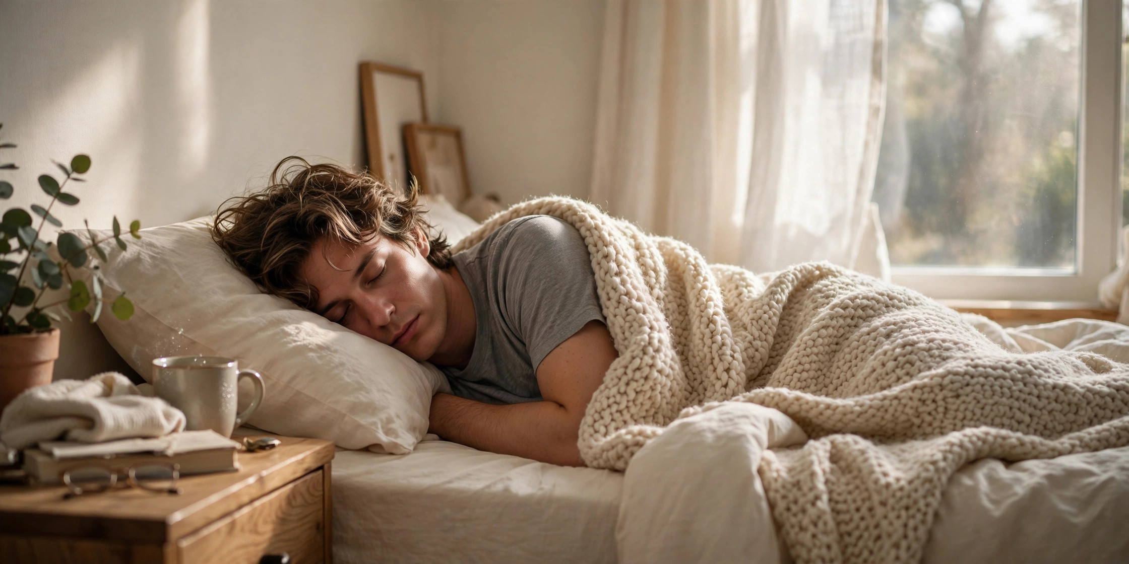 Person oversleeping in a sunlit bedroom, illustrating the question of whether you can sleep too much.