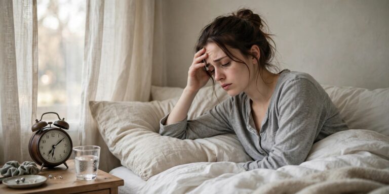 Woman waking up exhausted in bed despite a full night's rest, illustrating why you're tired no matter how much sleep you get