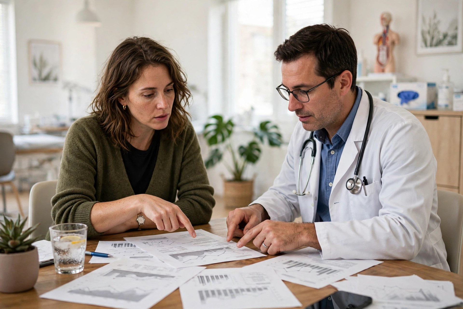 Patient discussing blood test results for iron, thyroid and vitamin levels with a doctor to find causes of constant tiredness