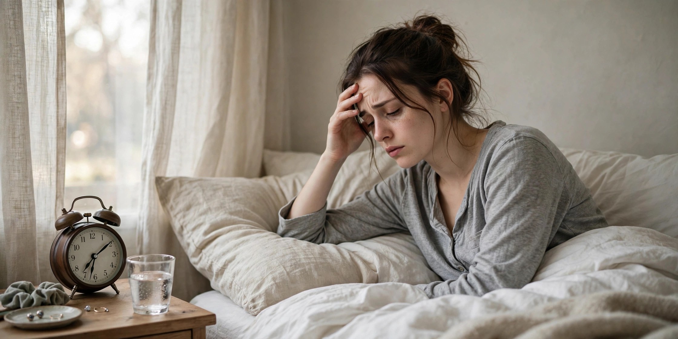 Woman waking up exhausted in bed despite a full night's rest, illustrating why you're tired no matter how much sleep you get
