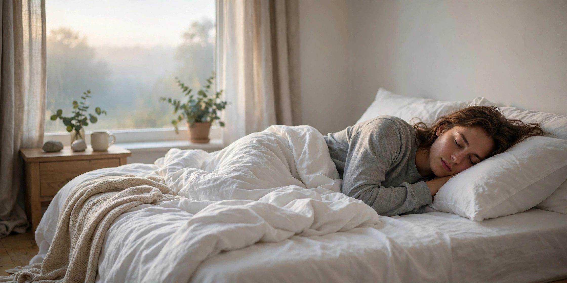 A woman sleeping peacefully on her side at dawn, widely considered the best sleeping position for most adults