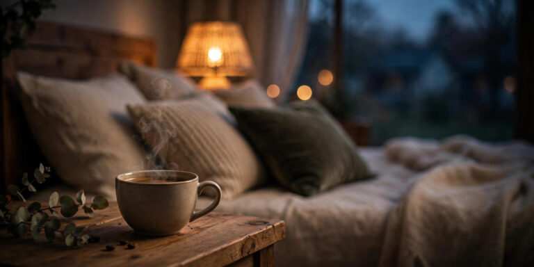 Steaming coffee cup on a bedside table at dusk, showing how late-day caffeine and sleep don't mix