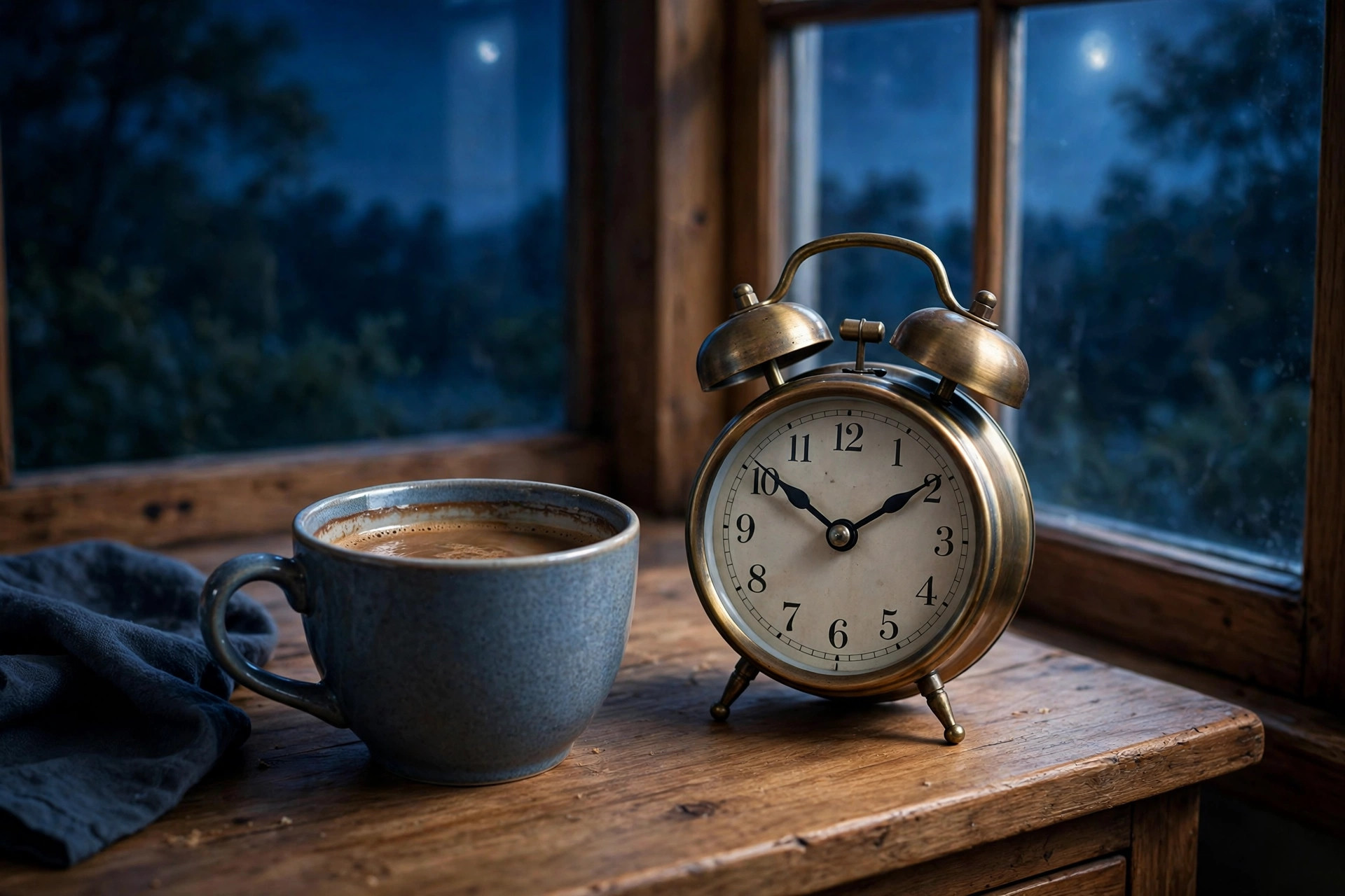 A coffee cup beside an alarm clock late at night, illustrating how afternoon caffeine disrupts deep sleep