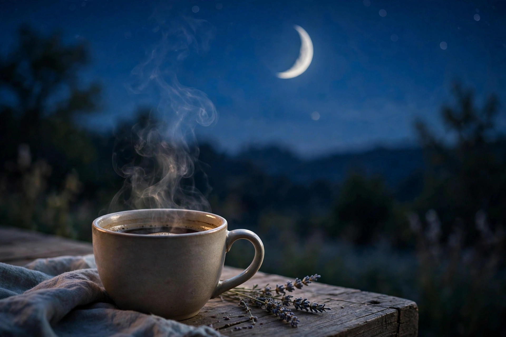 A steaming coffee cup under a crescent moon, representing the caffeine half-life countdown before bedtime