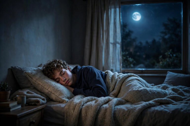 A teenager sleeping peacefully in a moonlit bedroom, illustrating how much sleep teenagers need each night