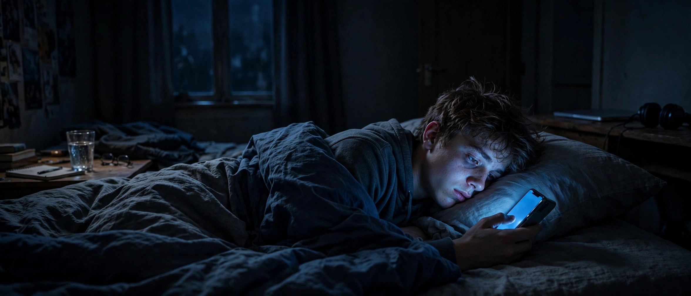 A teenager scrolling on a phone in bed at night, one reason teens get less than the recommended hours of sleep