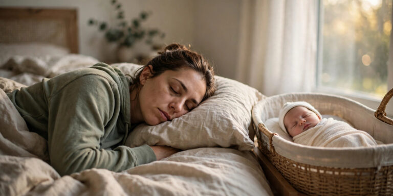 An exhausted parent resting in bed at sunrise while their newborn sleeps in a bassinet beside them — a quiet moment of rest for newborn sleep deprivation parents.