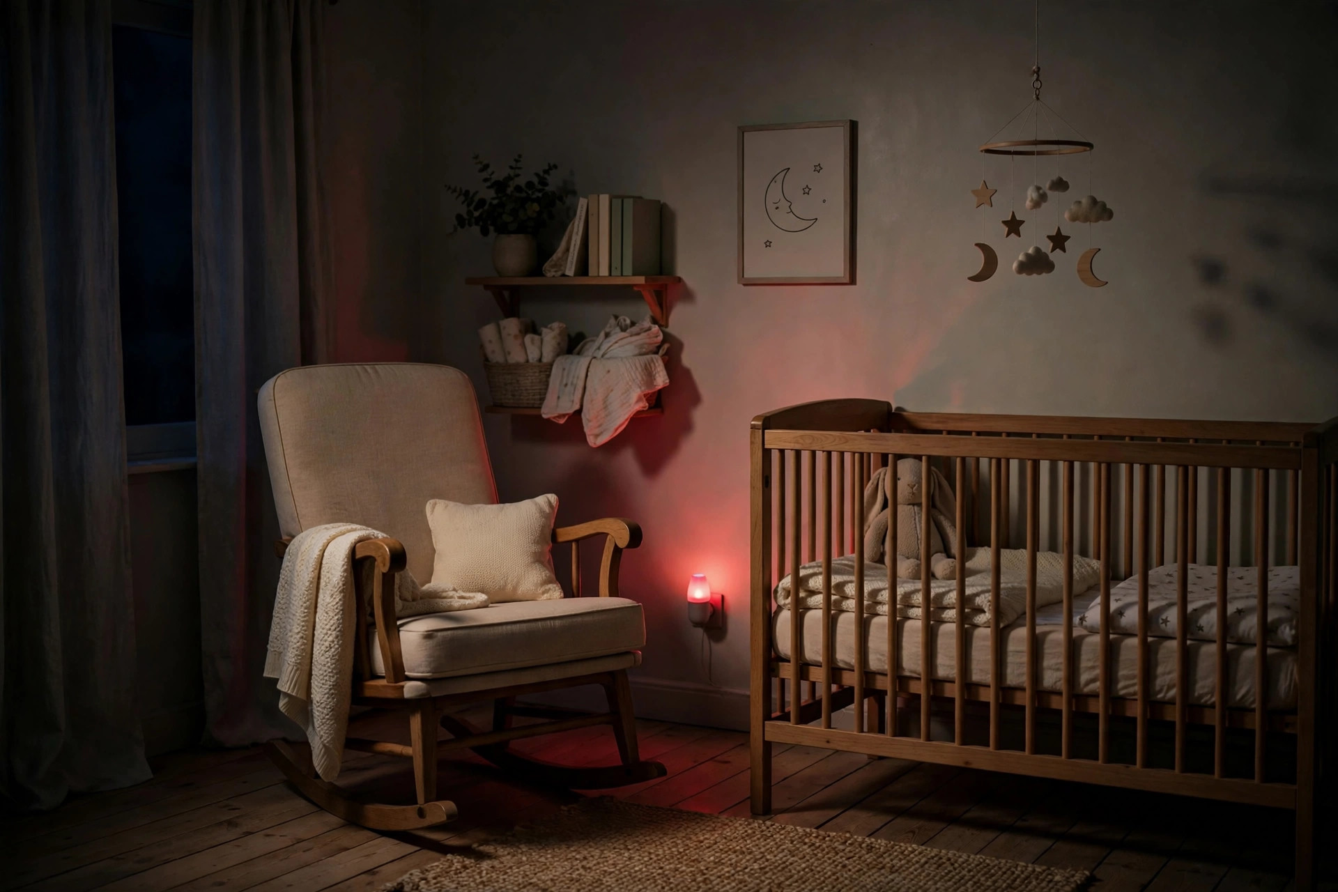 A dim nursery glowing with a soft red night light beside a feeding chair, set up for calm nighttime feeds that make fragmented sleep less disruptive.