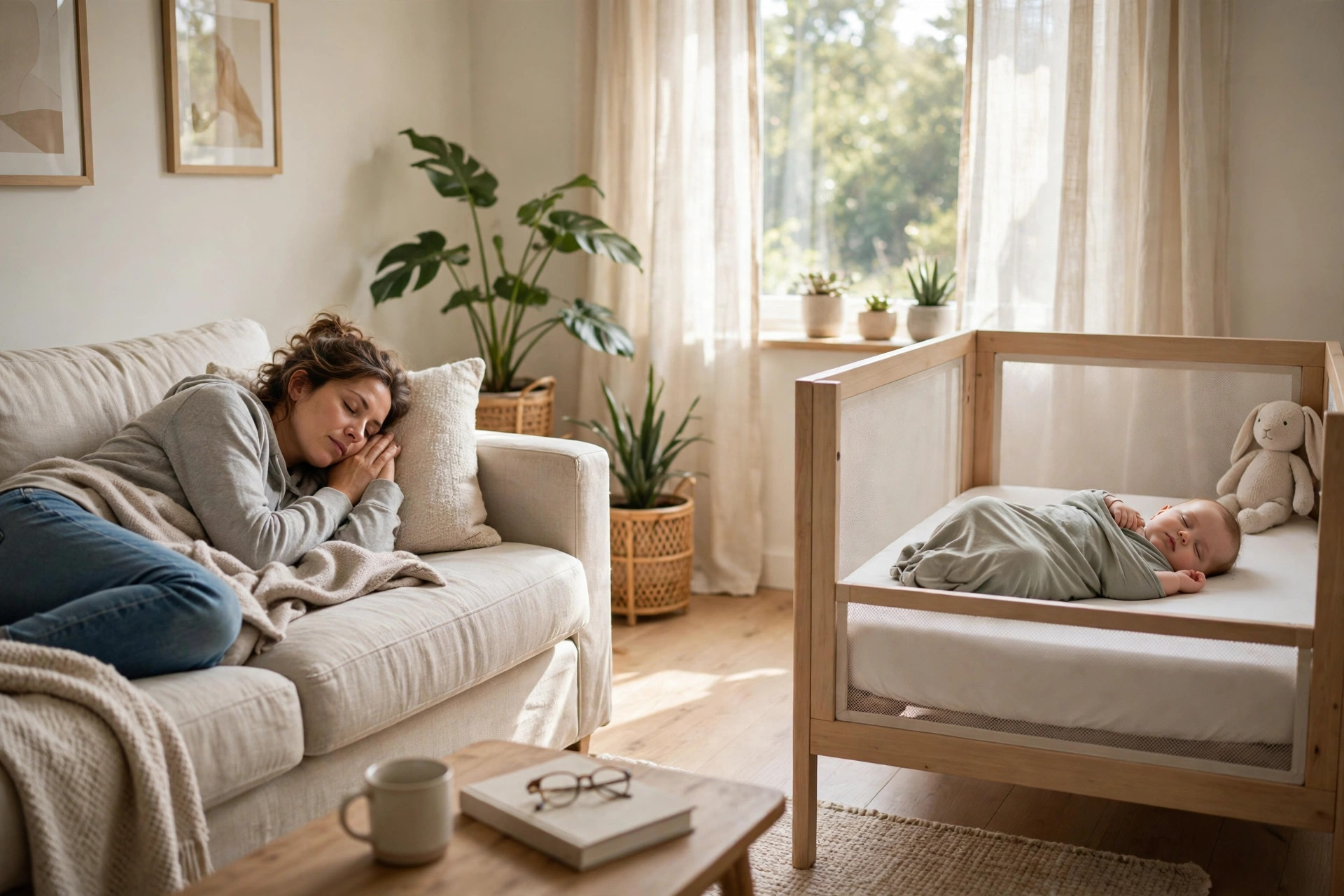 A parent napping on a sunlit couch while the baby sleeps safely in a nearby crib, using strategic daytime rest to rebuild consolidated sleep.