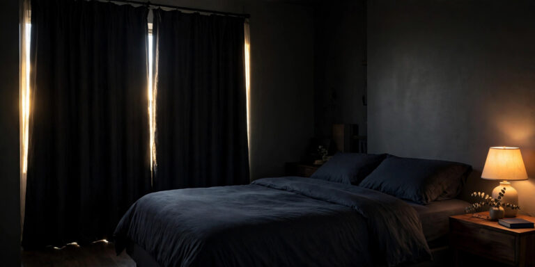 A darkened bedroom with blackout curtains drawn, set up for a healthy sleep schedule for night shift workers.