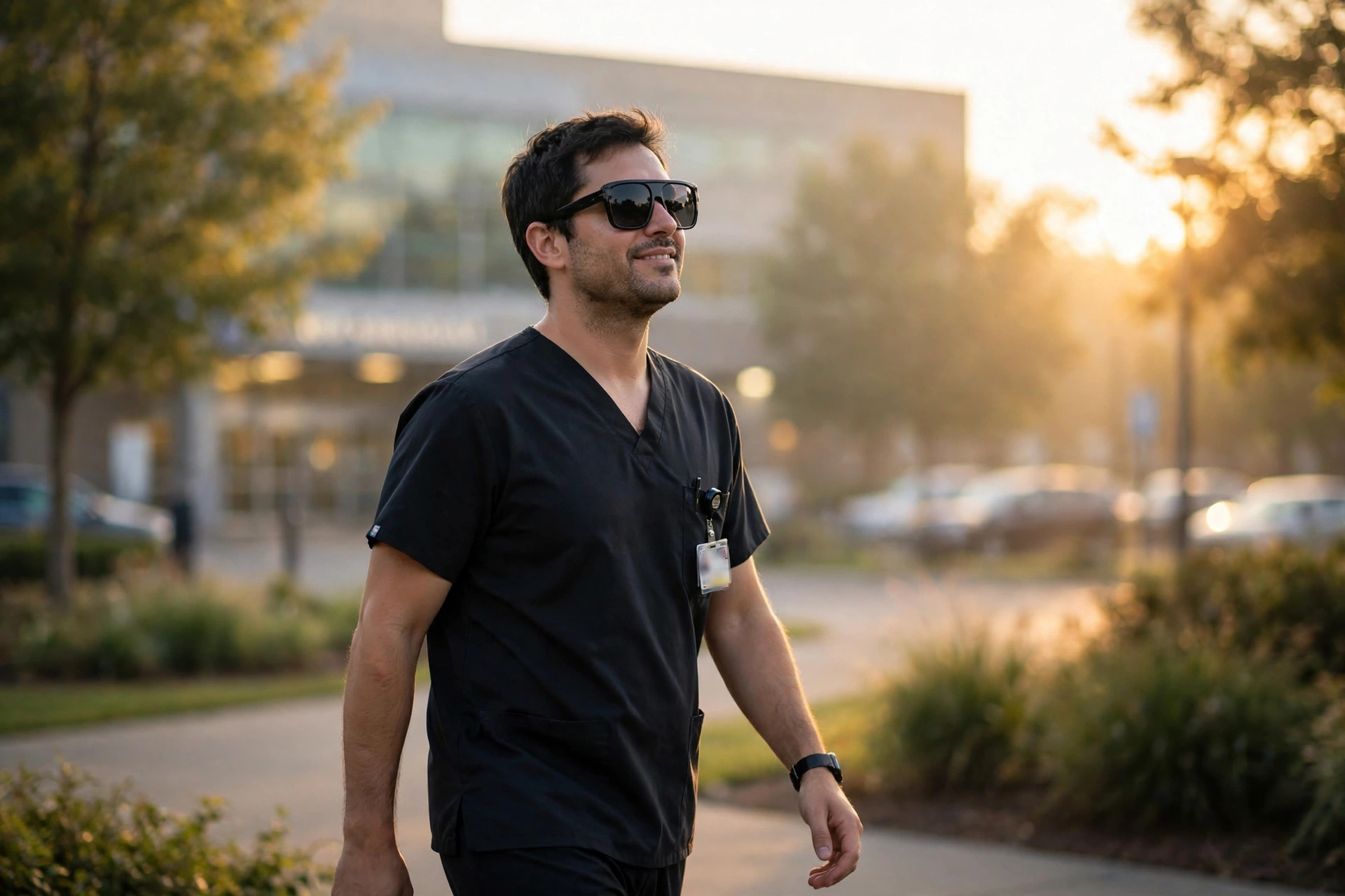 A night shift worker wearing dark sunglasses at sunrise to block morning light and protect daytime sleep.