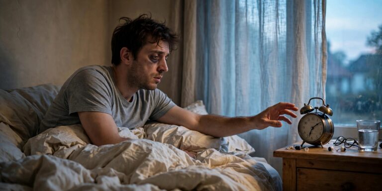 A man asking why do I wake up tired after 8 hours of sleep reaches for a ringing alarm clock at dawn