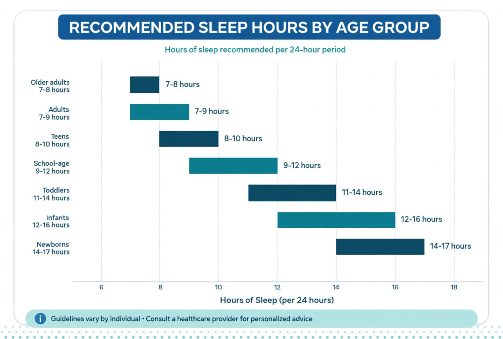 Chart of recommended sleep hours by age group from newborns to older adults